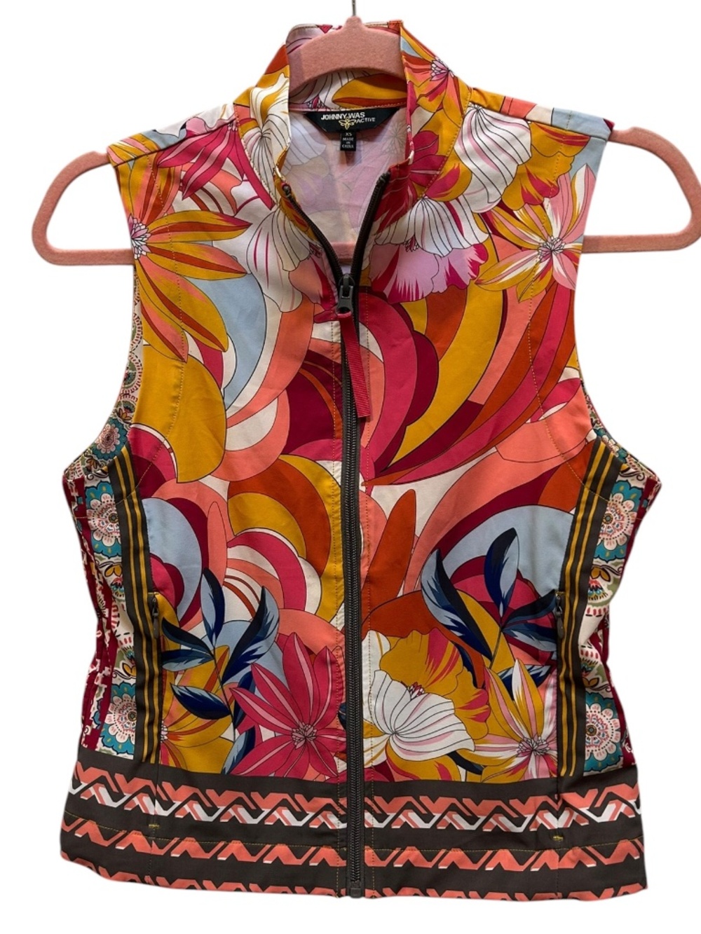 Johnny Was Active pink orange bright floral mixed print zip up vest XS NEW